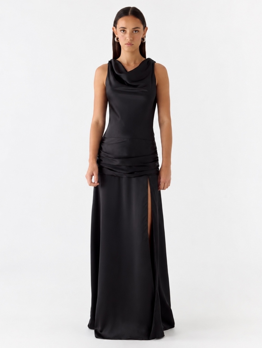 Generation Open Back Satin Maxi Dress Black Cowl Neck Ruched Slit Size 4